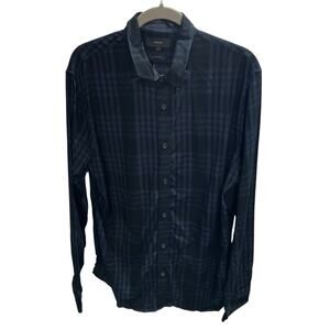 New Vince Men's Large Black Blue‎ Plaid Button Up Shirt Rayon Classic